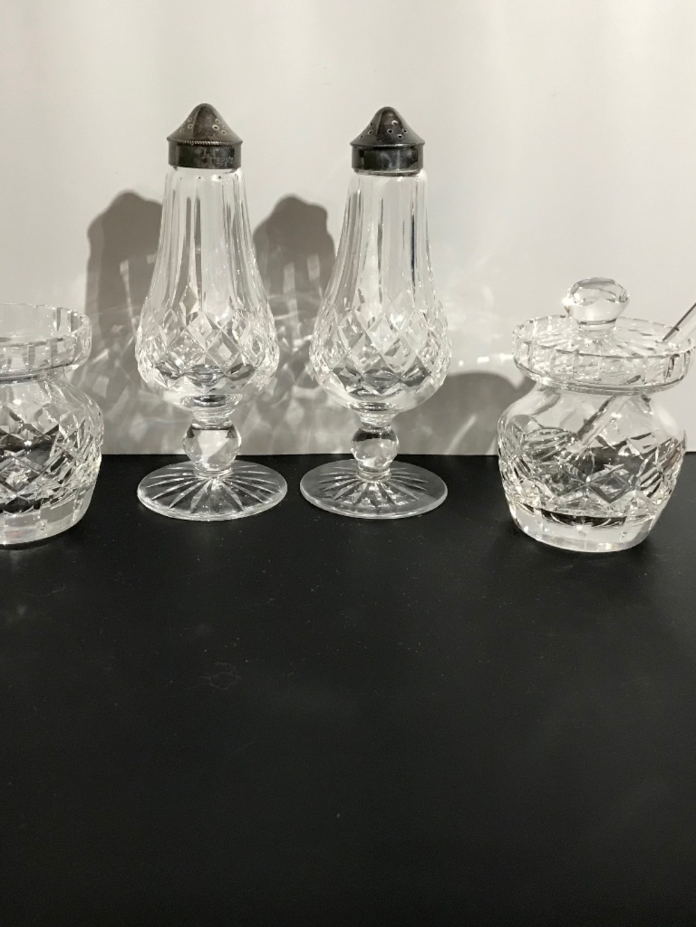Vintage Waterford Crystal Lismore Salt & Pepper Shakers AND Two Condiment Pots